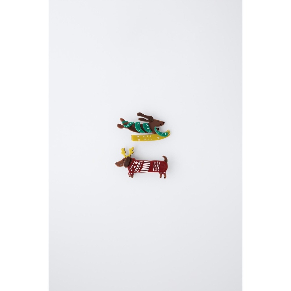 ZARA 2pc Reindeer‎ Dachshund Hair Clips Acrylic Christmas Holiday Puppy Barrette